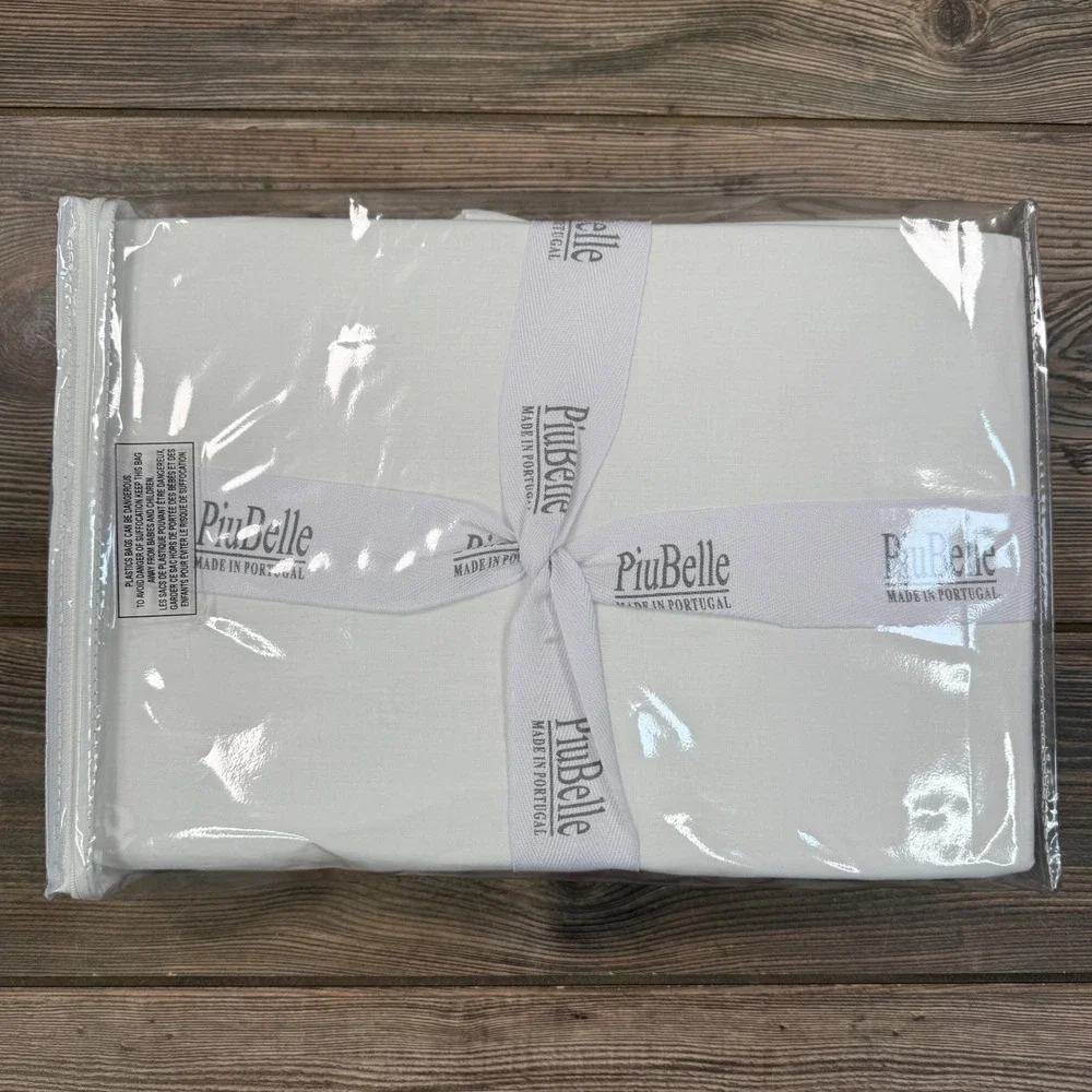 PiuBelle Queen Size 4 Piece Sheet Set White 100% Cotton Lace Trim Portugal NEW